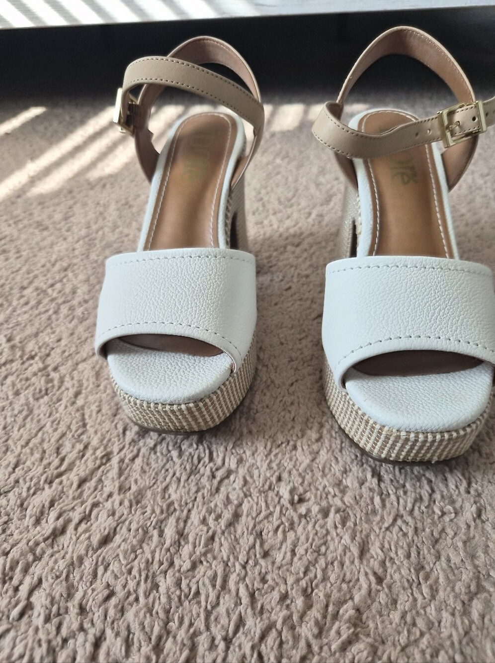 White and Tan Espadrille Platform Sandals with Ankle Strap
